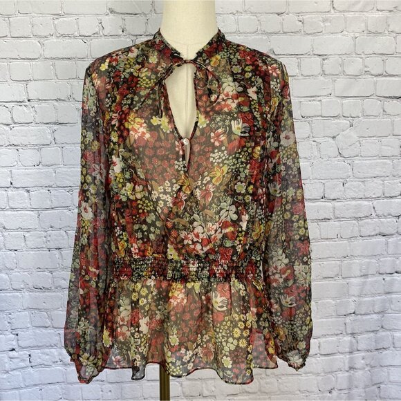 Zara Tops - Zara Basic Large Semi Sheer Black Floral Print Long Sleeve Peasant Blouse